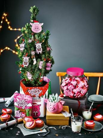 σηματοδοτεί δώρα χοίρων spencer του μίνι χριστουγεννιάτικου δέντρου, χυμώδεις καλλιεργητές και γλυκό βάζο
