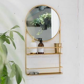 Χρυσό ή ασημένιο κυκλικό καθρέφτη μπάνιου με ράφια