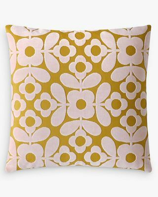 Orla Kiely Flower Tile Velvet Cushion, Citrine / Pink