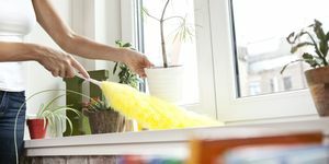 Γυναίκα καθαρισμού παράθυρο με ξεσκονόπανο