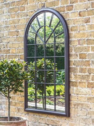Fura Outdoor Garden Wall Window Style Arched Mirror, 131 x 75cm, Antique Bronze